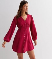 New Look Bright Pink Puff Sleeve Button Front Mini Dress